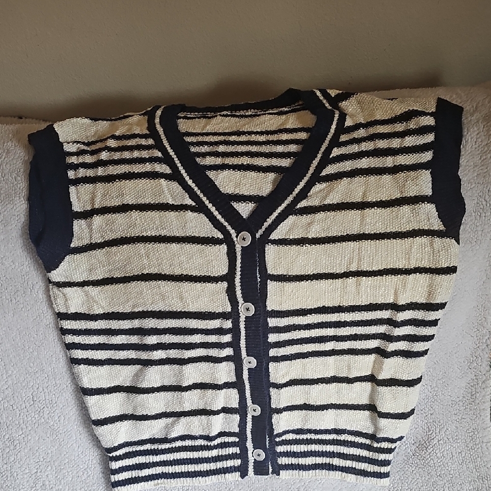 Striped Sleeveless Navy And Cream‎ Cardigan